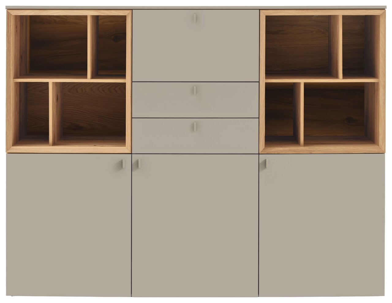 Venjakob Hoogkast ANDIAMO 3.0 Vooraanzicht van een modern hoogkast met open planken en lades in houtlook.