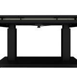 Moderner schwarzer Gartentisch aus der Seitenperspektive mit robustem Gestell.