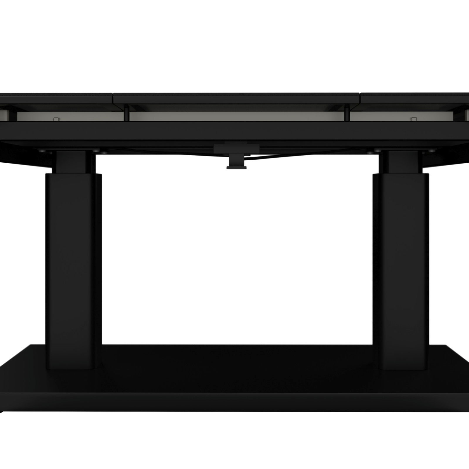 Moderner schwarzer Gartentisch aus der Seitenperspektive mit robustem Gestell.