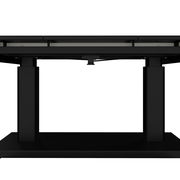 Moderner schwarzer Gartentisch aus der Seitenperspektive mit robustem Gestell.