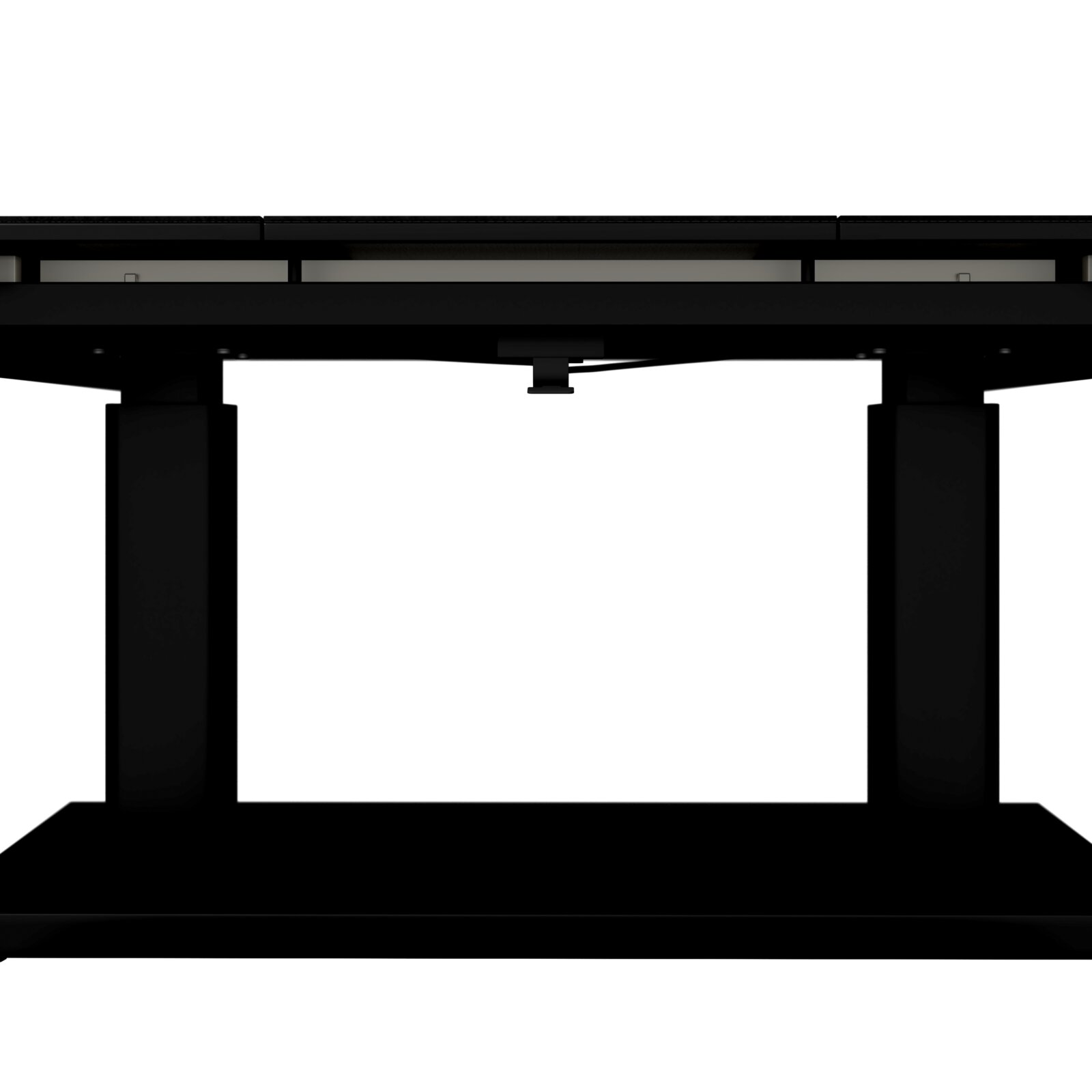 Moderner schwarzer Gartentisch aus der Seitenperspektive mit robustem Gestell.