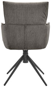 Rückansicht eines grauen Armlehnstuhls mit schwarzem Metallgestell