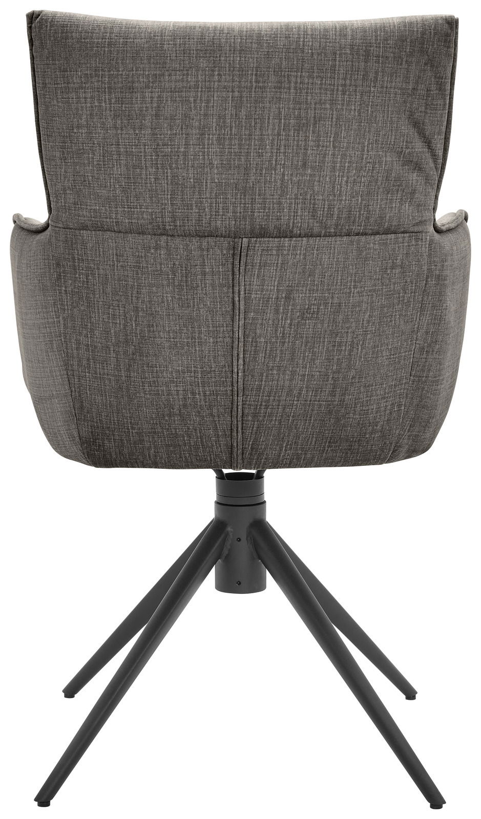 Rückansicht eines grauen Armlehnstuhls mit schwarzem Metallgestell