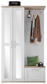 Kompakt-Garderobe in heller Holzoptik mit Spiegeln, Kleiderhaken, grünem Kissen und Ablagefläche, frontal betrachtet.