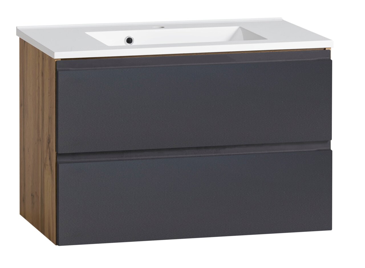 XORA Wastafelset VARESE Waschtisch-Set 80 cm mit Holzoptik an der Seite und grauen Schubladen, Frontansicht
