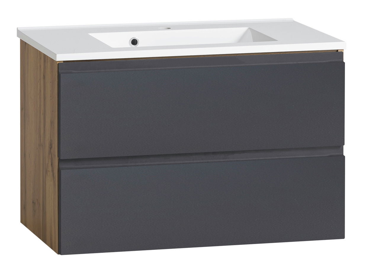 Waschtisch-Set 80 cm mit Holzoptik an der Seite und grauen Schubladen, Frontansicht