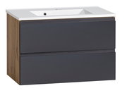 Waschtisch-Set 80 cm mit Holzoptik an der Seite und grauen Schubladen, Frontansicht
