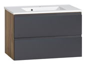 Waschtisch-Set 80 cm mit Holzoptik an der Seite und grauen Schubladen, Frontansicht