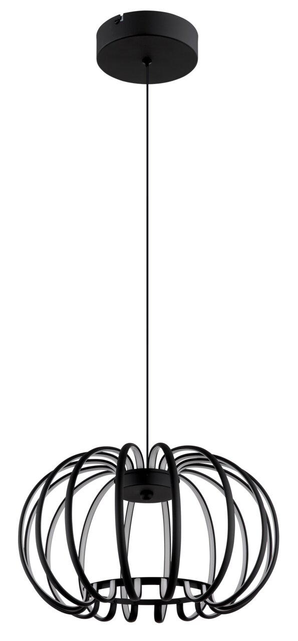 Moderne schwarze LED-Hängeleuchte mit kugelförmigem Design, seitliche Perspektive