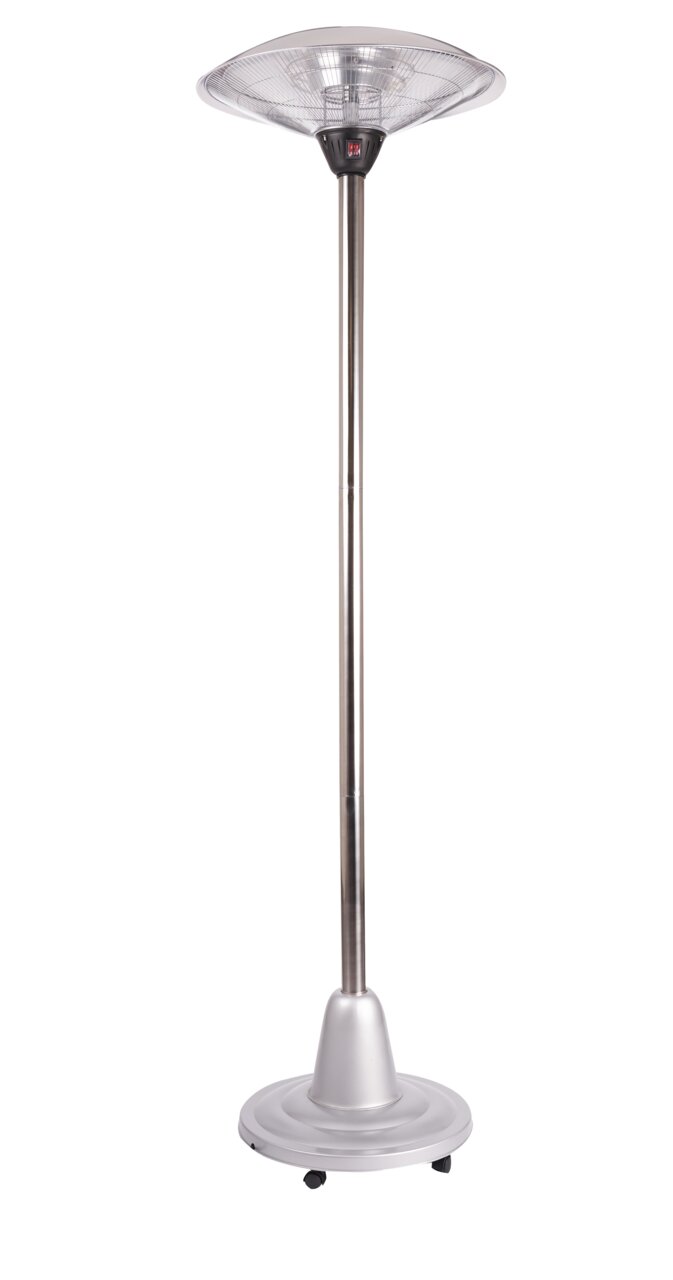 BHP Infrarot-Standheizstrahler Infrarot-Standheizstrahler in silberner Farbe, frontal abgebildet mit rundem Heizkopf und stabilem Standfuß auf Rollen.