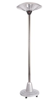 Infrarot-Standheizstrahler in silberner Farbe, frontal abgebildet mit rundem Heizkopf und stabilem Standfuß auf Rollen.