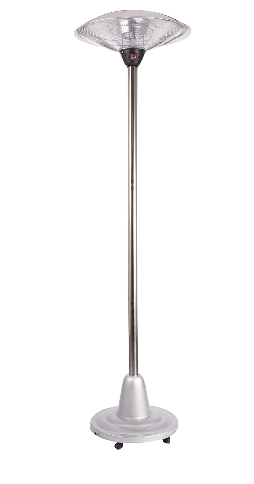 Infrarot-Standheizstrahler in silberner Farbe, frontal abgebildet mit rundem Heizkopf und stabilem Standfuß auf Rollen.
