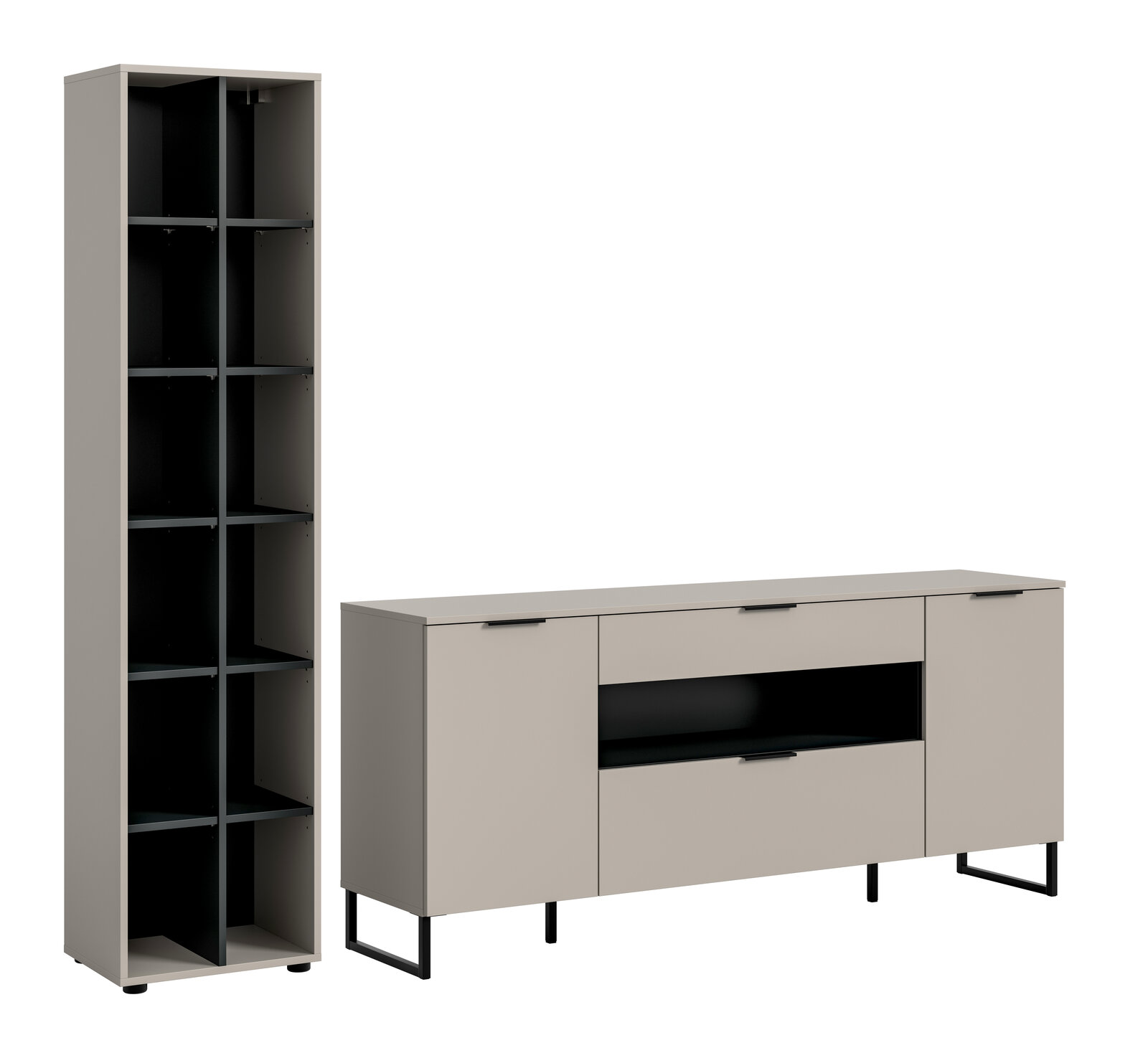 Modernes Möbel-Set aus hohem Regal und Sideboard in Taupe mit schwarzen Innenfächern und Metallfüßen, freigestellt in frontaler Ansicht mit leichter Perspektive von vorn