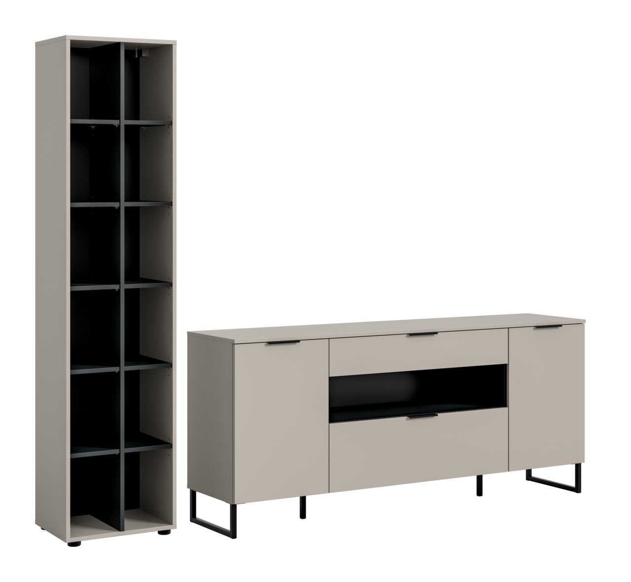 MID.YOU Wohnkombination NOIDA Modernes Möbel-Set aus hohem Regal und Sideboard in Taupe mit schwarzen Innenfächern und Metallfüßen, freigestellt in frontaler Ansicht mit leichter Perspektive von vorn