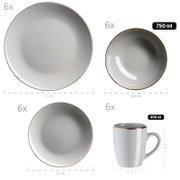 Geschirrset in Grau mit feinem goldfarbenem Rand: 6 Speiseteller (27 cm), 6 Schalen (18,6 cm, 750 ml), 6 Teller (20 cm) und 6 Tassen (400 ml, 10 cm hoch, 8,7 cm breit), gezeigt in Draufsicht auf Teller/Schalen und Seitenansicht der Tasse vor weißem Hinter