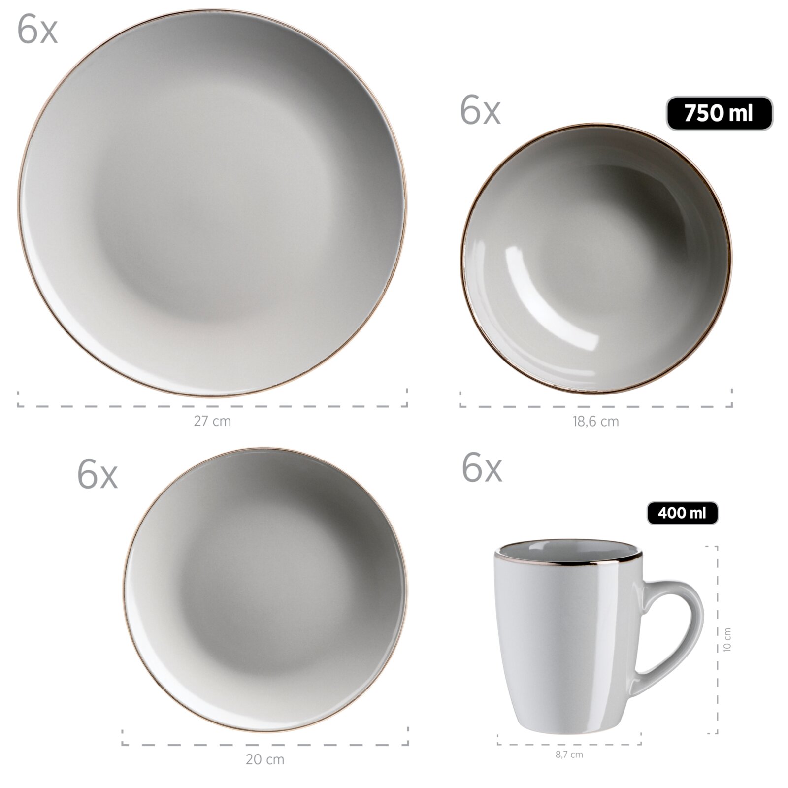 Geschirrset in Grau mit feinem goldfarbenem Rand: 6 Speiseteller (27 cm), 6 Schalen (18,6 cm, 750 ml), 6 Teller (20 cm) und 6 Tassen (400 ml, 10 cm hoch, 8,7 cm breit), gezeigt in Draufsicht auf Teller/Schalen und Seitenansicht der Tasse vor weißem Hinter