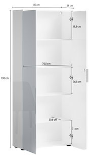 Hoher Aktenschrank mit offenen Türen, zeigt Innenfächer und Maße, Perspektive von vorne links