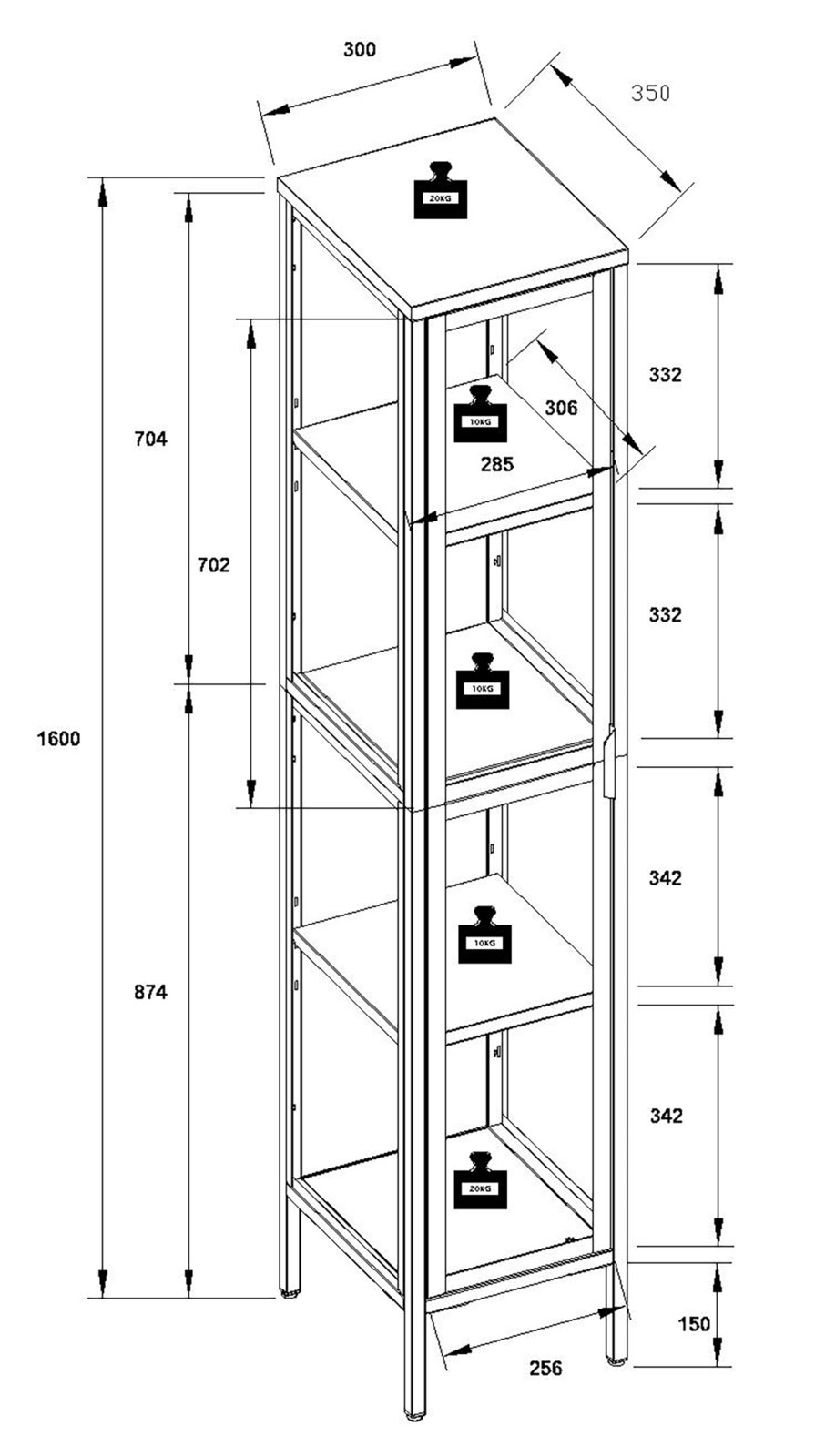 Technische Maßzeichnung eines hohen Metallregals mit vier Ablagen und Traglastangaben (oben 20 kg, mittlere 10 kg, unten 20 kg), Gesamtmaße ca. 1600 mm Höhe und 300 x 350 mm Grundfläche, dargestellt in schräger Front-/Seitenansicht (3D-Perspektive).