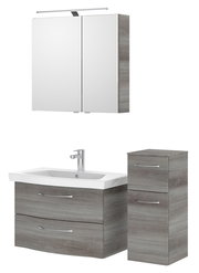 Badezimmermöbel-Set mit Spiegelschrank, Waschbeckenunterschrank und Hochschrank in Holzoptik, Frontalansicht