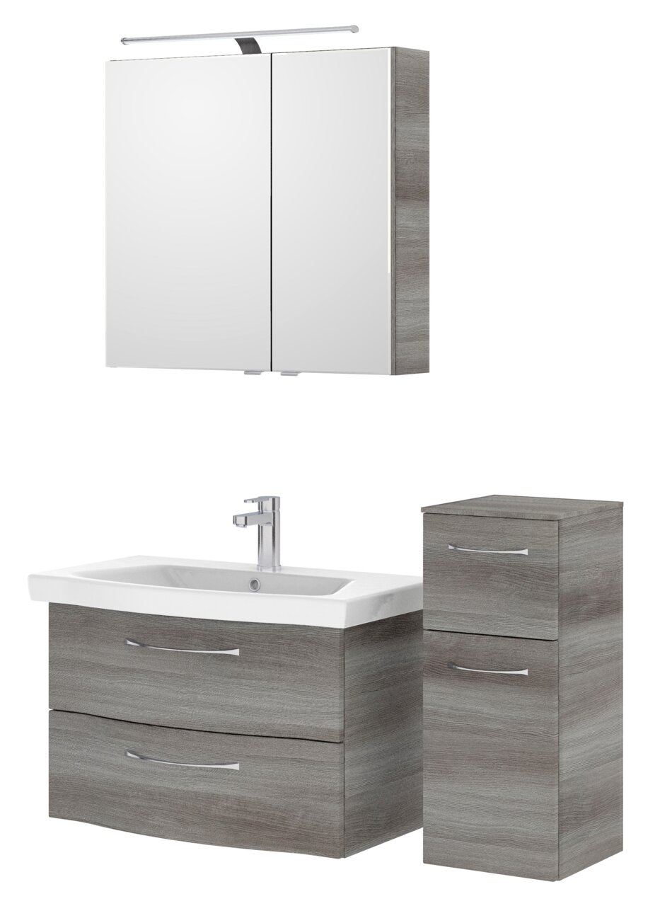 Badezimmermöbel-Set mit Spiegelschrank, Waschbeckenunterschrank und Hochschrank in Holzoptik, Frontalansicht