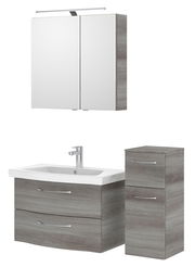 Badezimmermöbel-Set mit Spiegelschrank, Waschbeckenunterschrank und Hochschrank in Holzoptik, Frontalansicht