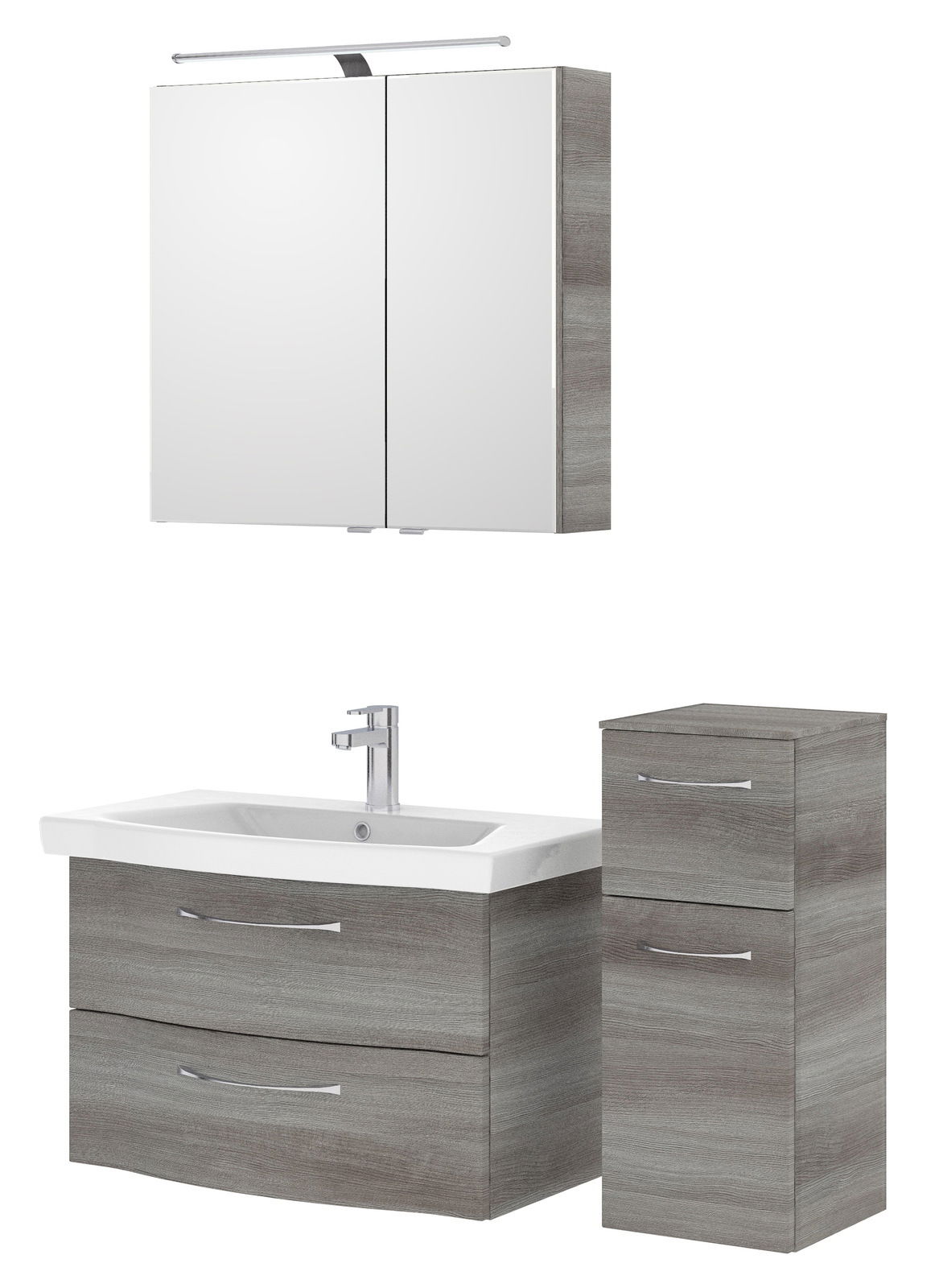 Badezimmermöbel-Set mit Spiegelschrank, Waschbeckenunterschrank und Hochschrank in Holzoptik, Frontalansicht