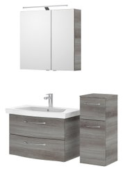 Badezimmermöbel-Set mit Spiegelschrank, Waschbeckenunterschrank und Hochschrank in Holzoptik, Frontalansicht