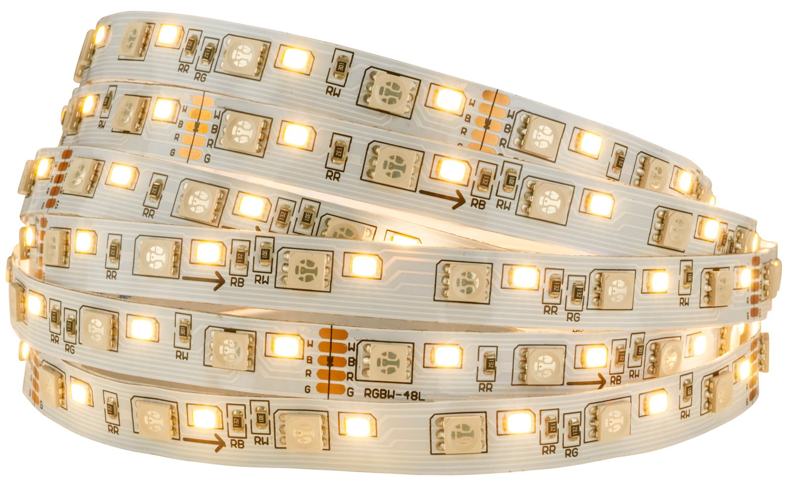 Nahaufnahme eines aufgerollten LED-Lichtstreifens mit leuchtenden RGBW-Dioden.