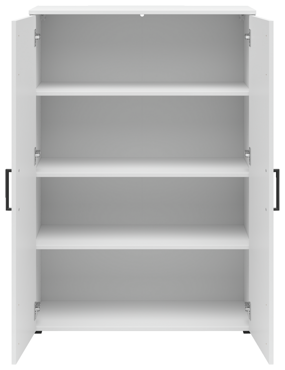 Weiße Kommode mit offenen Türen und vier Regalböden, frontale Ansicht