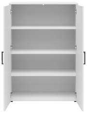 Weiße Kommode mit offenen Türen und vier Regalböden, frontale Ansicht