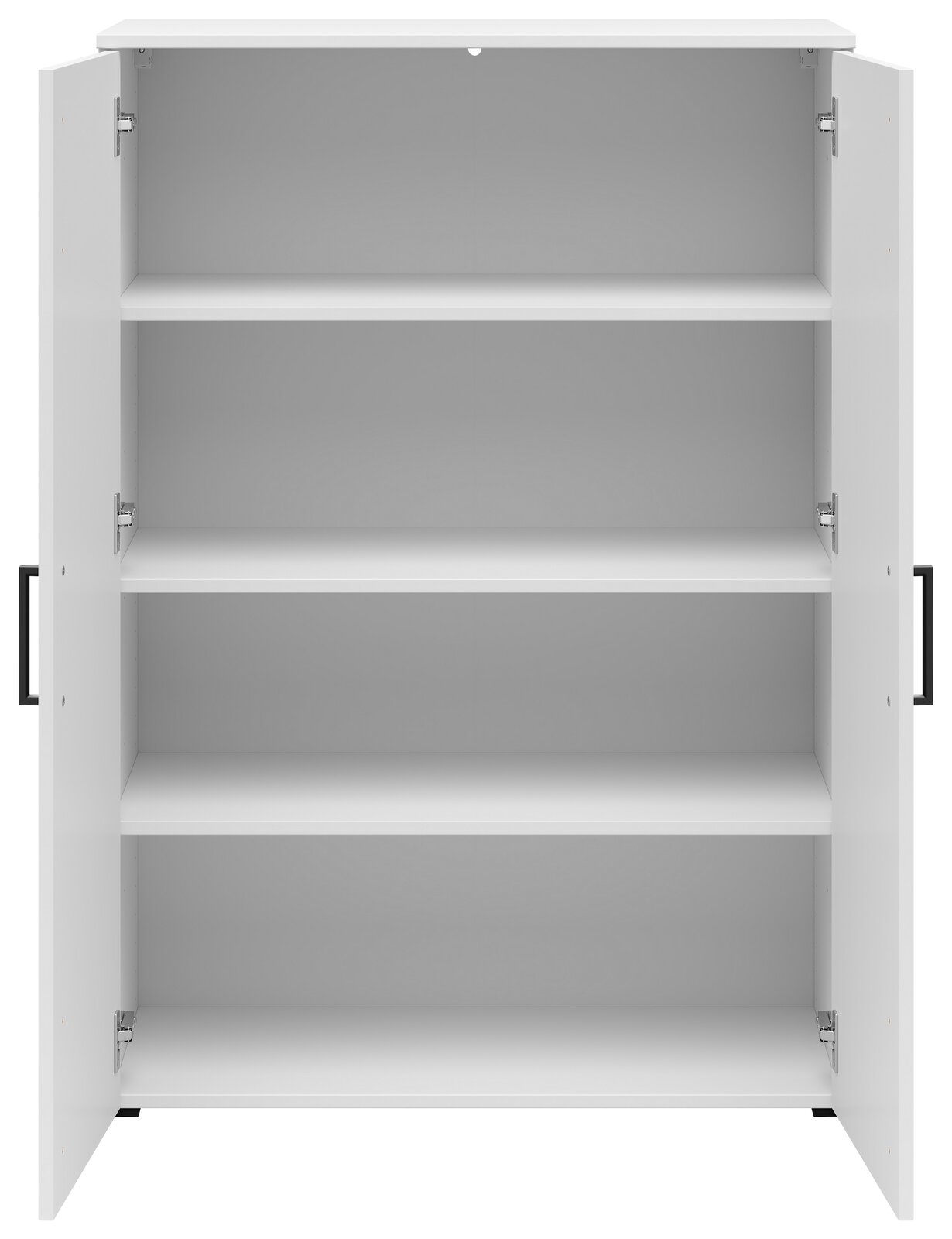 Weiße Kommode mit offenen Türen und vier Regalböden, frontale Ansicht