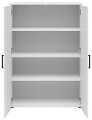 Weiße Kommode mit offenen Türen und vier Regalböden, frontale Ansicht