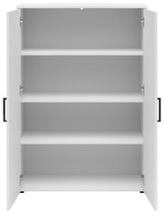 Weiße Kommode mit offenen Türen und vier Regalböden, frontale Ansicht