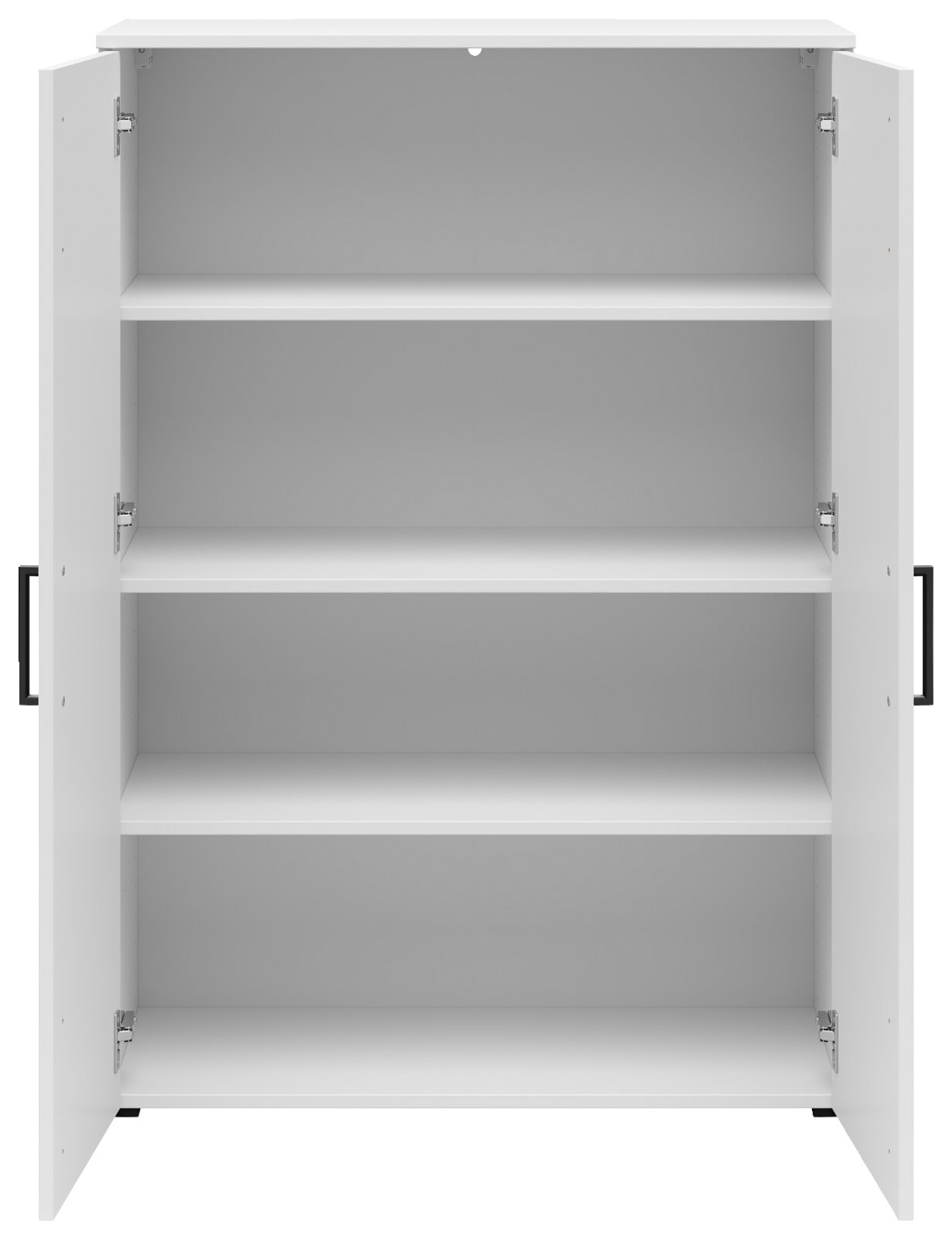 Weiße Kommode mit offenen Türen und vier Regalböden, frontale Ansicht