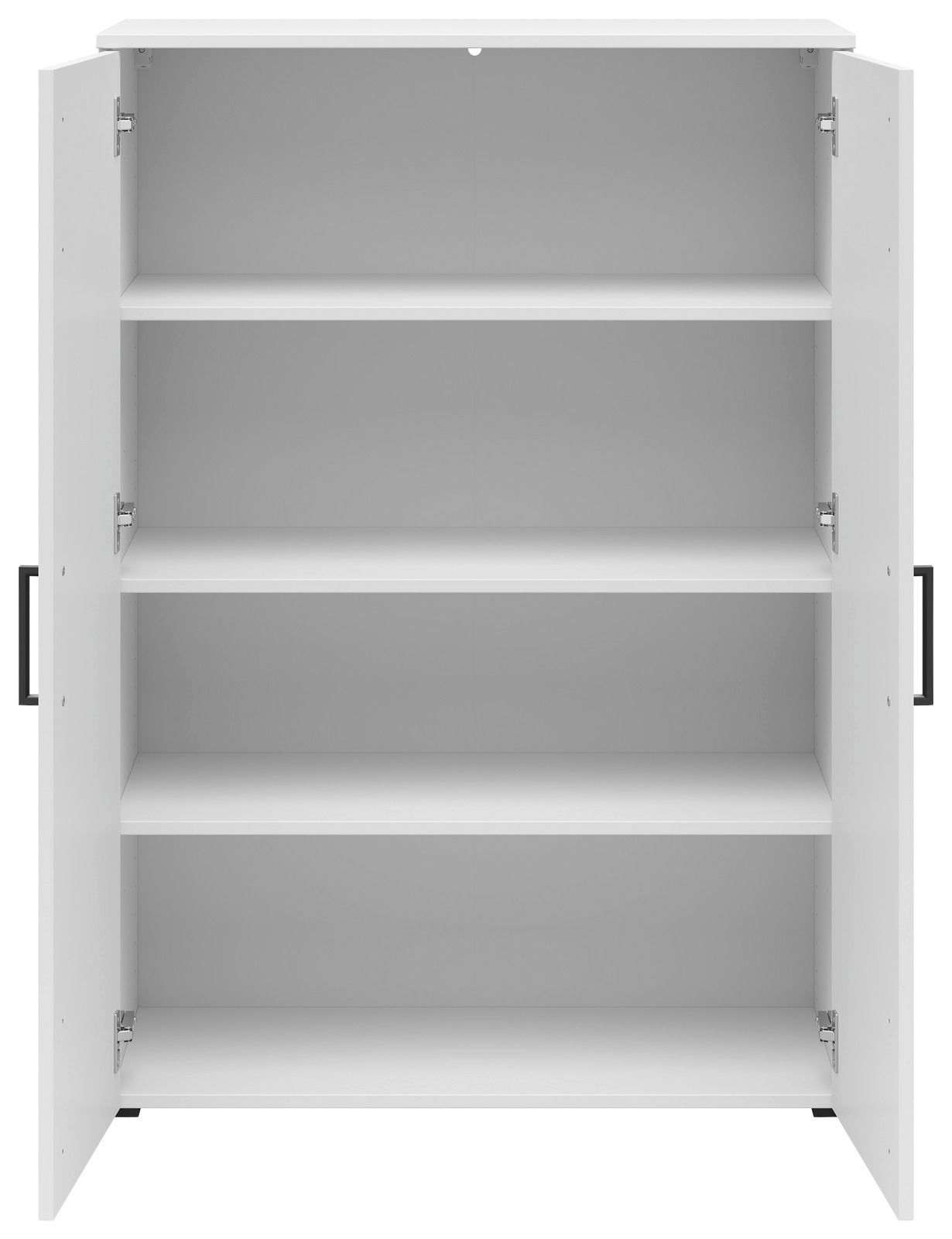 Weiße Kommode mit offenen Türen und vier Regalböden, frontale Ansicht