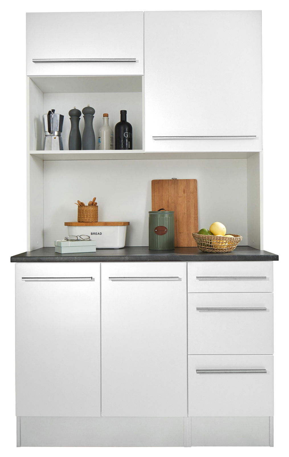 Yourkitchen Buffet-Schrank JAZZ Moderner weißer Buffet-Schrank mit mehreren Schubladen und Fächern, gefüllt mit Küchenutensilien, aus frontaler Perspektive.