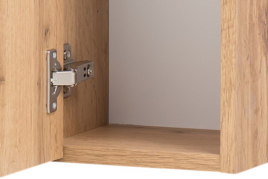 Nahaufnahme eines geöffneten Spiegelschranks aus Holz mit sichtbarem Scharnier, Innenansicht