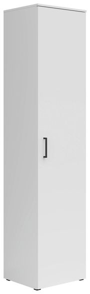 Weißer Mehrzweckschrank mit schwarzem Griff, perspektivisch von vorne links betrachtet