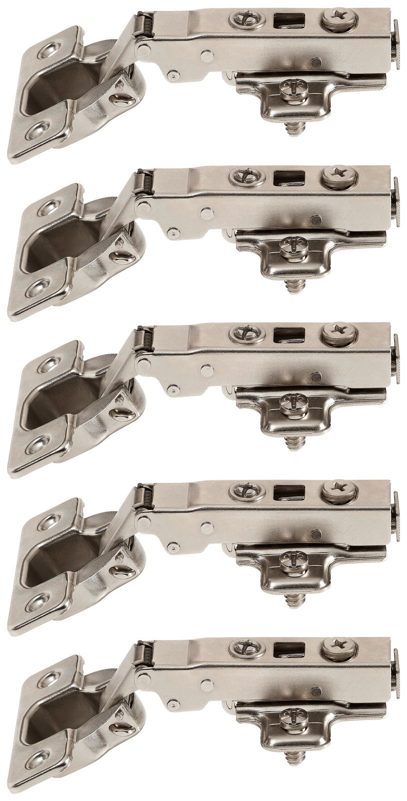 Hom´in Scharniere 5er Set UNIT Fünf silberne Scharniere in seitlicher Perspektive, ideal für Möbelmontage.