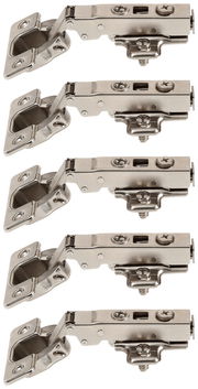 Fünf silberne Scharniere in seitlicher Perspektive, ideal für Möbelmontage.