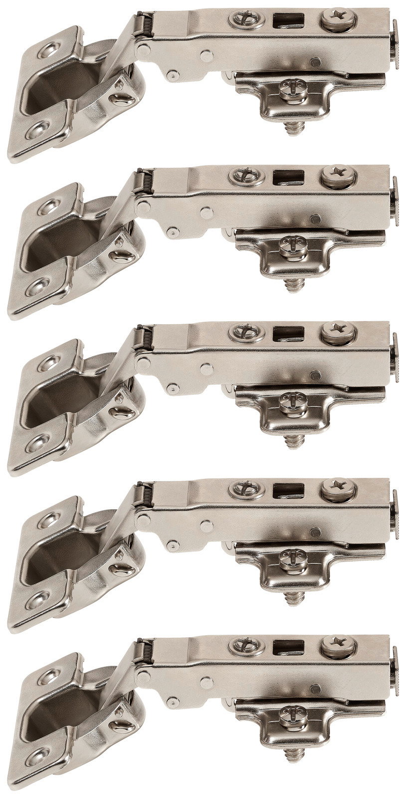 Fünf silberne Scharniere in seitlicher Perspektive, ideal für Möbelmontage.