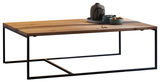 Moderner Couchtisch mit Holzplatte und schwarzem Metallgestell, seitliche Perspektive.