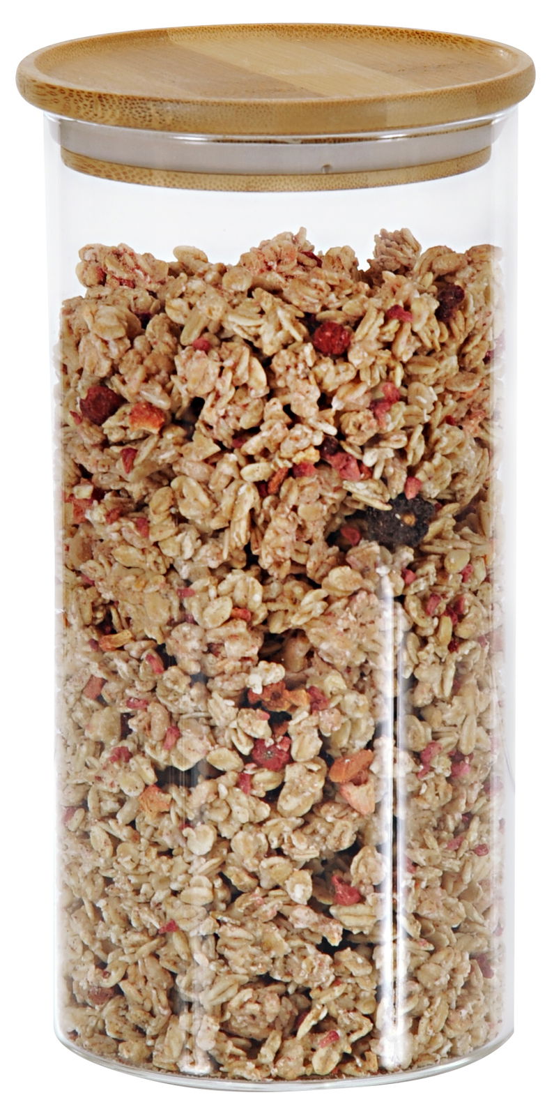 Aufbewahrungsglas mit Holzdeckel, gefüllt mit Müsli, aus seitlicher Perspektive