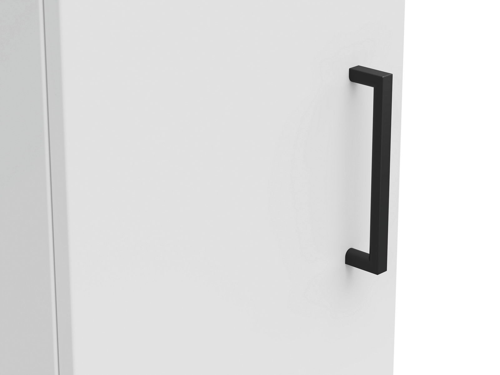 Nahaufnahme eines weißen Mehrzweckschranks mit schwarzem Griff, seitliche Perspektive