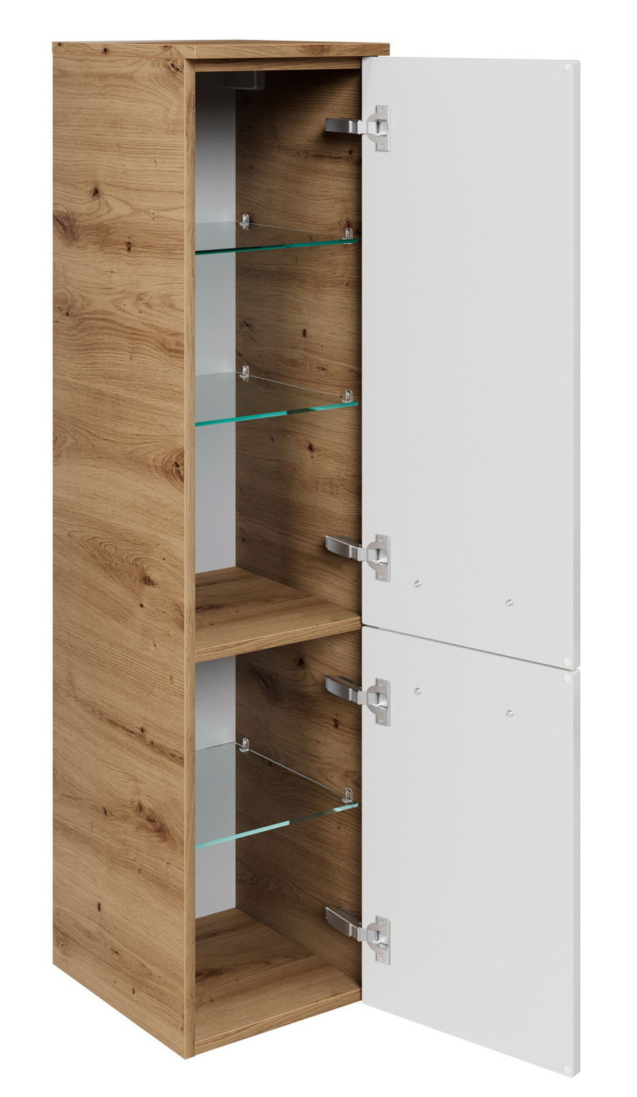 Sadena Midischrank PLAKA Midischrank aus Holz mit zwei offenen Türen, Glasböden und weißer Front, seitliche Perspektive