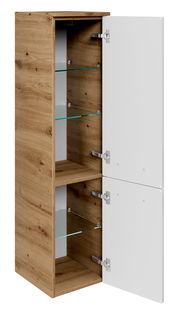 Midischrank aus Holz mit zwei offenen Türen, Glasböden und weißer Front, seitliche Perspektive