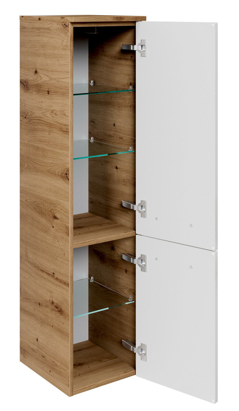 Midischrank aus Holz mit zwei offenen Türen, Glasböden und weißer Front, seitliche Perspektive
