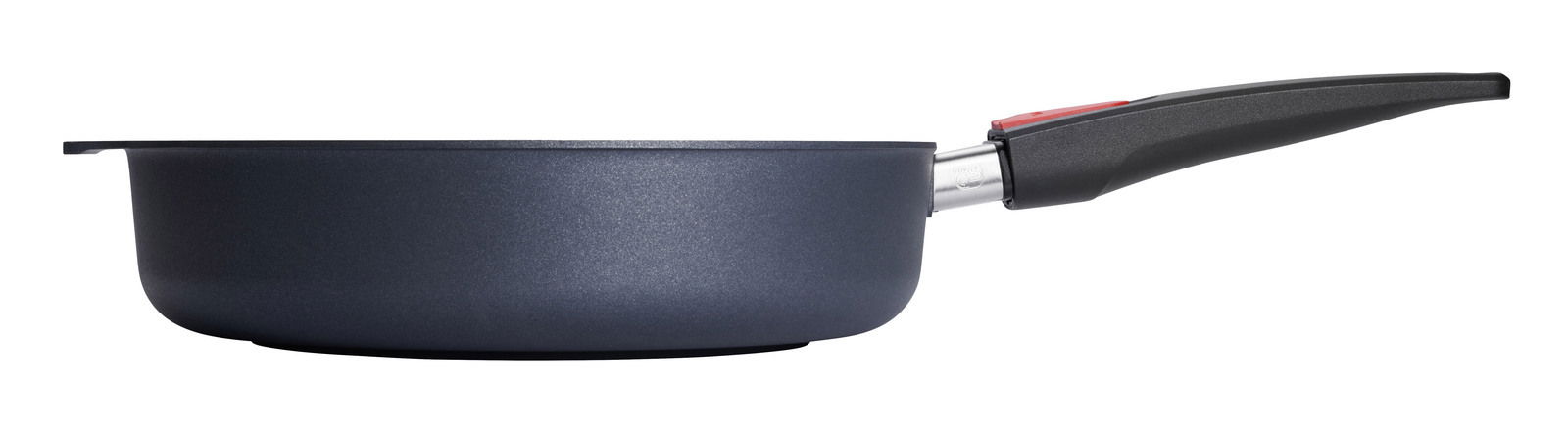 Seitenansicht einer Guss-Hochrandpfanne mit 28 cm Durchmesser und langem Griff.