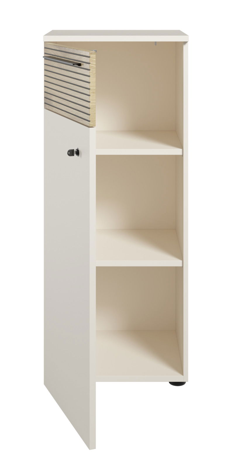 Aktenschrank mit offenem Schloss, drei Regalfächer und seitlicher Perspektive