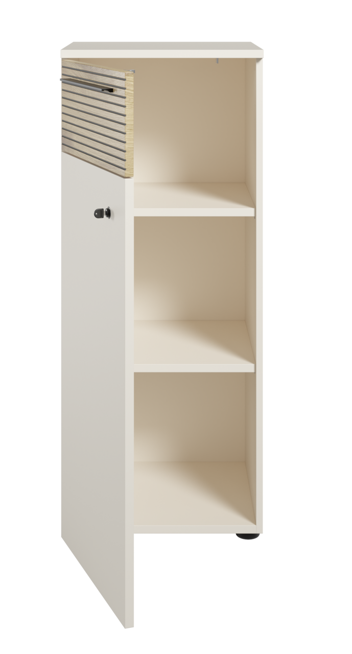 Aktenschrank mit offenem Schloss, drei Regalfächer und seitlicher Perspektive